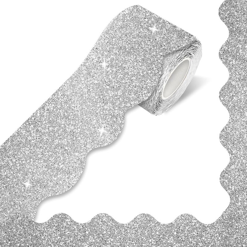 STARLIBOO 60 Feet Bulletin Board Borders, Holographic Silver Scalloped Rolled Border Trim for School, Classroom & Offices - Image 1